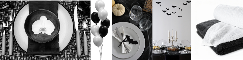 For an adult Halloween pool party, try creating a sophisticated haunted resort.  Combine black-and-white accessories, pumpkins, tropical greenery, lantern-style LED lights, skeletons lounging beside the pool, and dramatic landscape lighting.