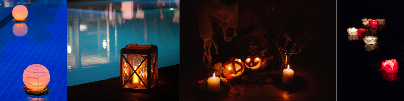 Waterproof, pool-safe floating LED lights can add movement and color to the surface of the water. Depending on your Halloween theme, glowing spheres or other floating lights can resemble magical orbs, mysterious swamp lights, or floating spirits.